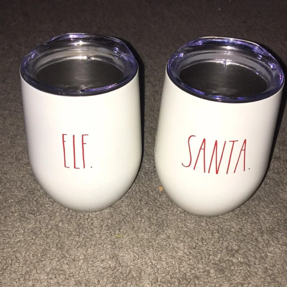 Rae Dunn 2 insulated Stainless Steel Wine Glasses Christmas Santa & Elf